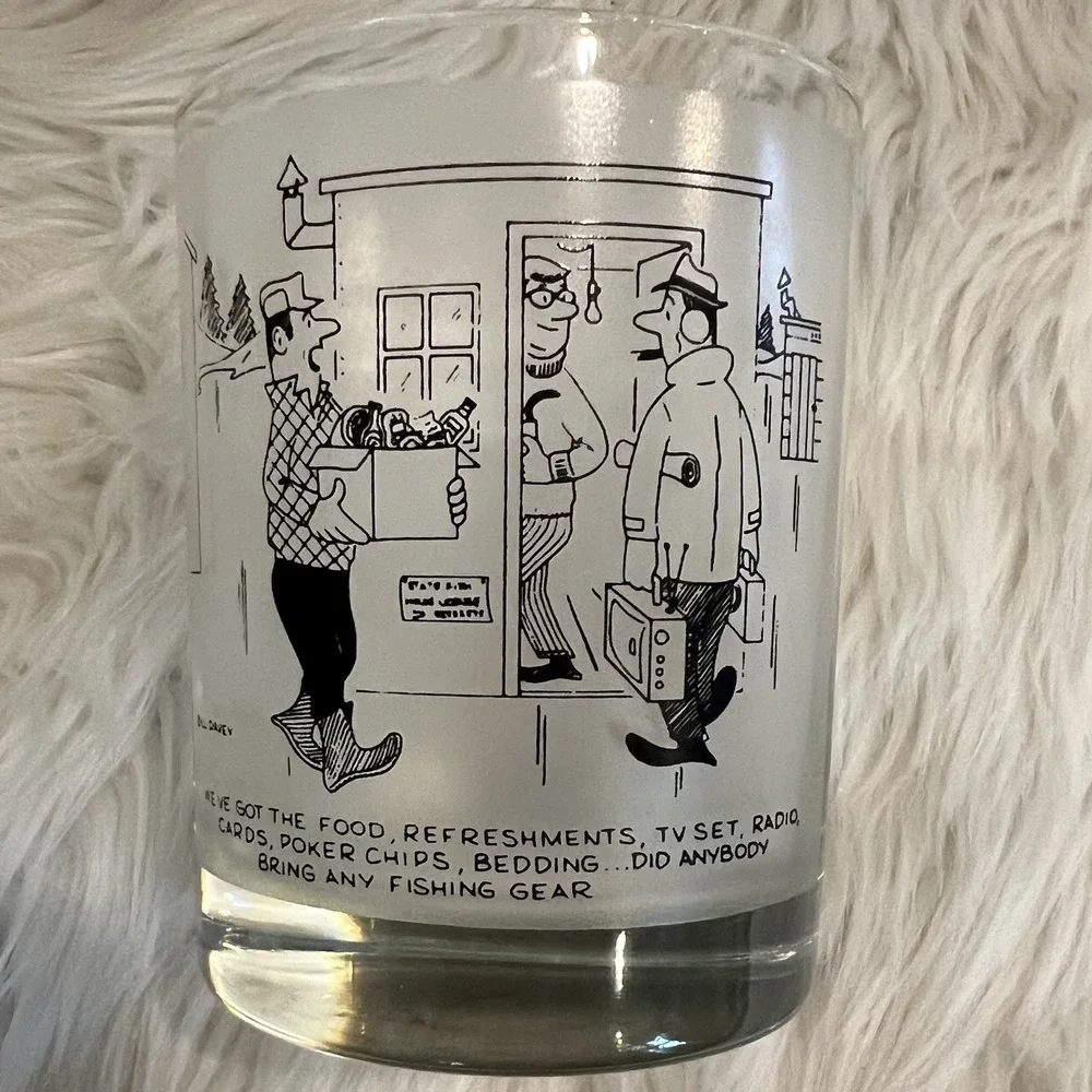 Vintage Bill Davey Fishing Cartoon Frosted Rocks Glasses Set of 4 Mid Century